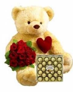 3ft Brown Teddy W/Small Pillow,24 Ferrero & 12 Red