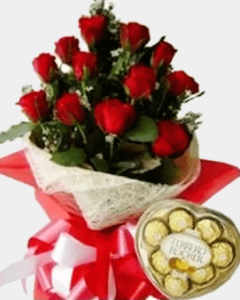 12 red roses bouquet w/ferrero heart